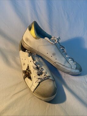 Golden Goose White Leather Sneakers with Gold Heel and Leopard Star Accent